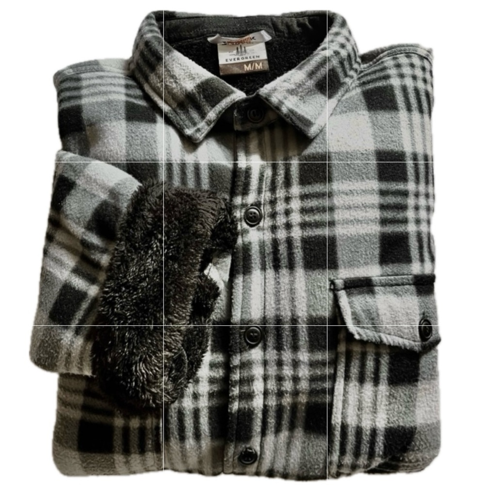 Sherpa Lined Plaid Shacket Men’s Black Grey Fleece Jacket Size M - Picture 2 of 10